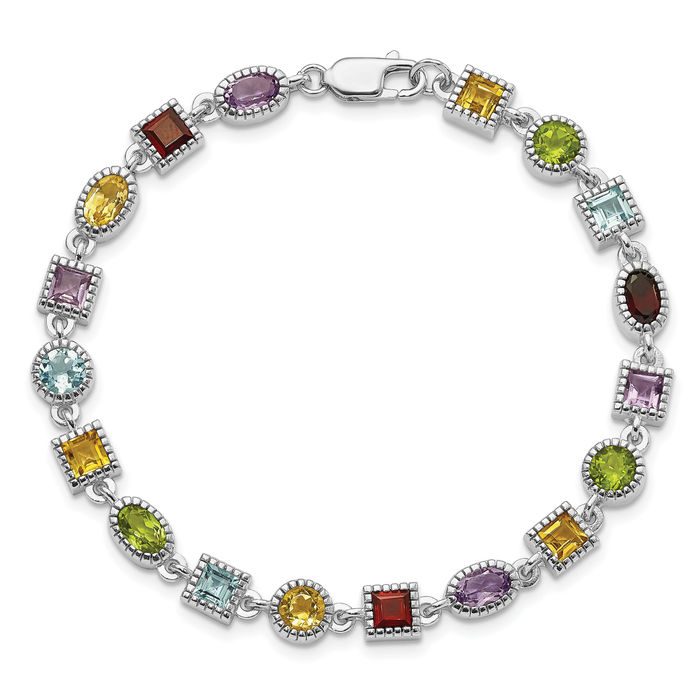 925 Sterling Silver Rainbow Multi-color Gemstone Tennis Bracelet