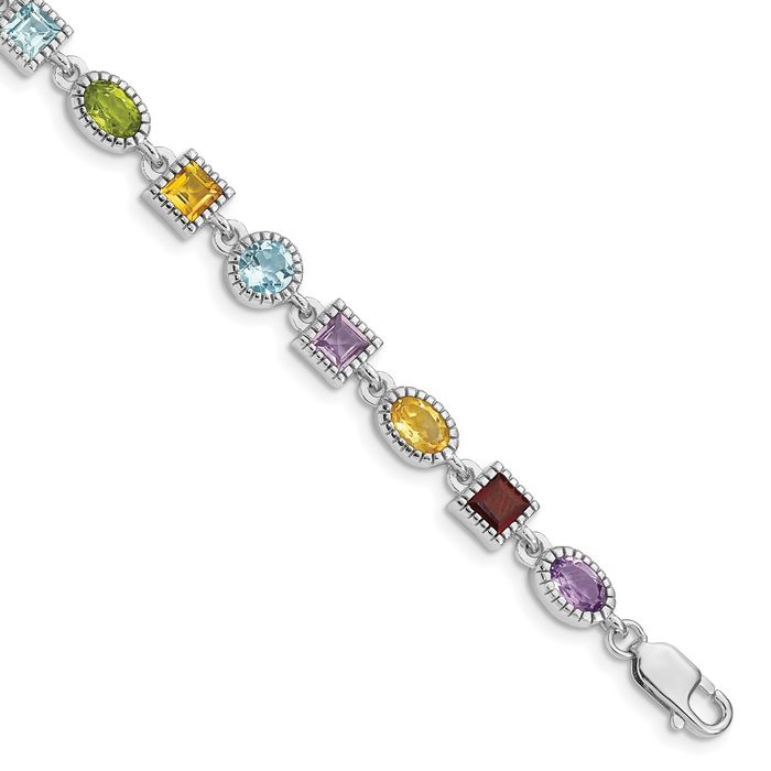 925 Sterling Silver Rainbow Multi-color Gemstone Tennis Bracelet