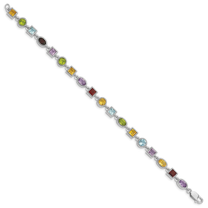 925 Sterling Silver Rainbow Multi-color Gemstone Tennis Bracelet