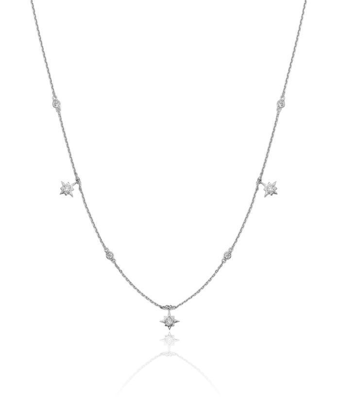 925 Sterling Silver 7 Stone Star Stations Cubic Zirconia CZ Chain Necklace