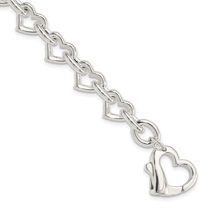 925 Sterling Silver Heart Link Chain Charm Bracelet