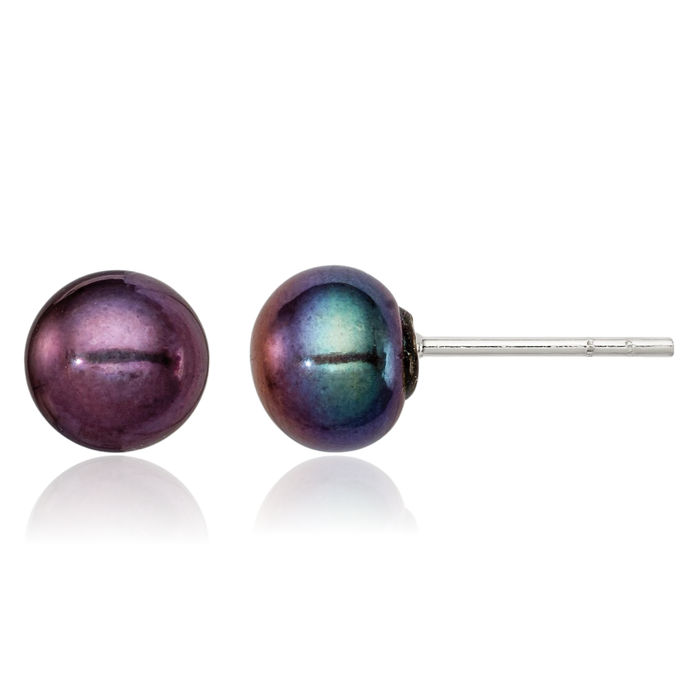 925 Sterling Silver 7mm Black Freshwater Cultured Pearl Button Stud Earrings