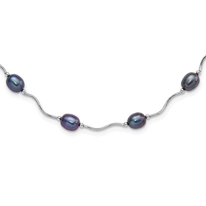 925 Sterling Silver 6mm Black Rice Freshwater Cultured Pearl 16 Station Necklace Chain