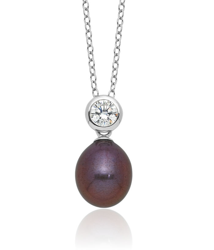 925 Sterling Silver 7mm Black Rice Freshwater Cultured Pearl Cubic Zirconia CZ Necklace Chain