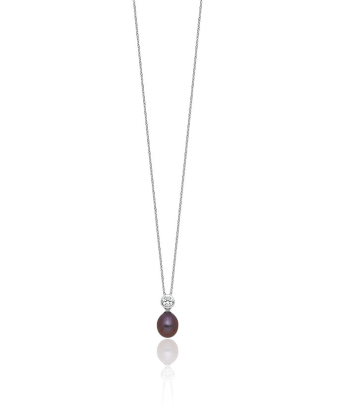 925 Sterling Silver 7mm Black Rice Freshwater Cultured Pearl Cubic Zirconia CZ Necklace Chain