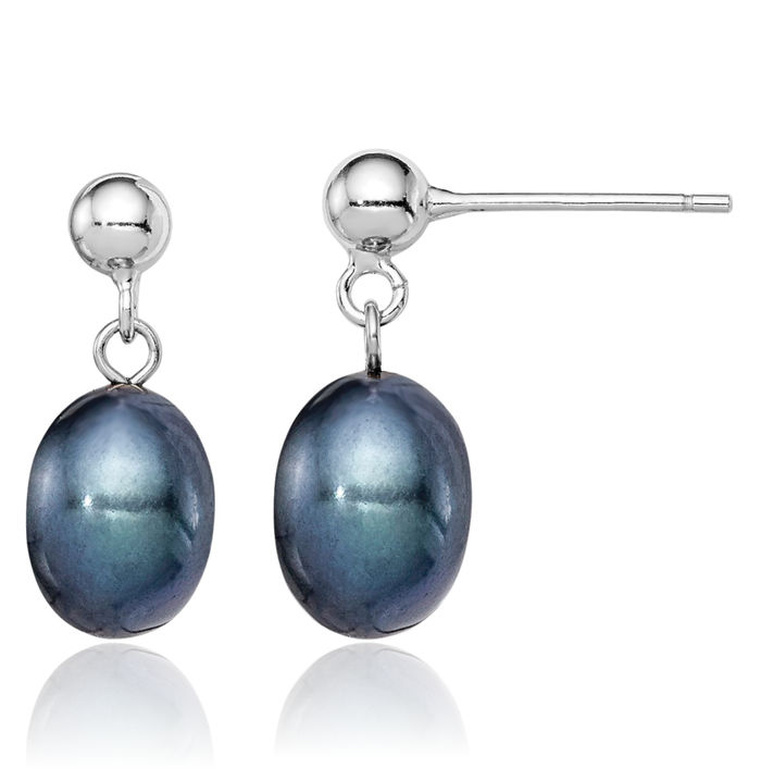 925 Sterling Silver 7mm Black Rice Freshwater Cultured Pearl Post Drop Dangle Earrings