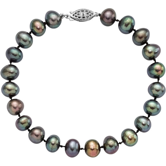 925 Sterling Silver 7mm Black Near Round Freshwater Cultured Pearl Chain Bracelet