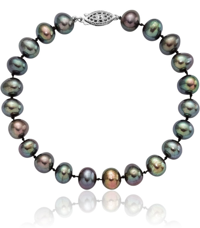 925 Sterling Silver 7mm Black Near Round Freshwater Cultured Pearl Chain Bracelet