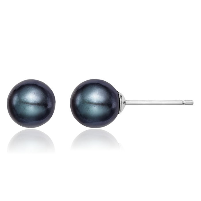 925 Sterling Silver 7mm Black Round Freshwater Cultured Pearl Stud Earrings