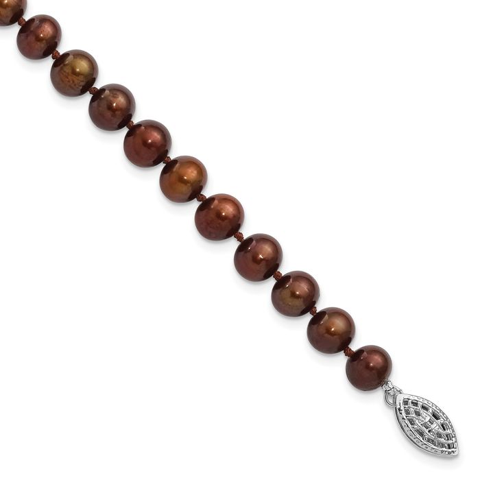 925 Sterling Silver 6mm Brown Near Round Freshwater Cultured Pearl Chain Bracelet