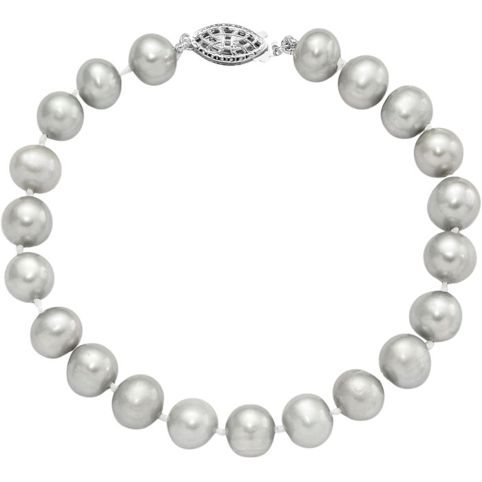 925 Sterling Silver 7mm Grey Near Round Freshwater Cultured Pearl Chain Bracelet