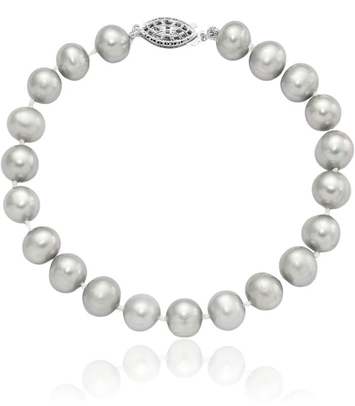 925 Sterling Silver 7mm Grey Near Round Freshwater Cultured Pearl Chain Bracelet
