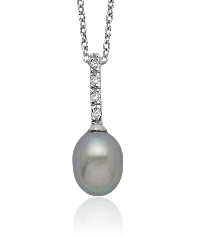 925 Sterling Silver 7mm Grey Teardrop Freshwater Cultured Pearl Cubic Zirconia CZ Necklace Chain