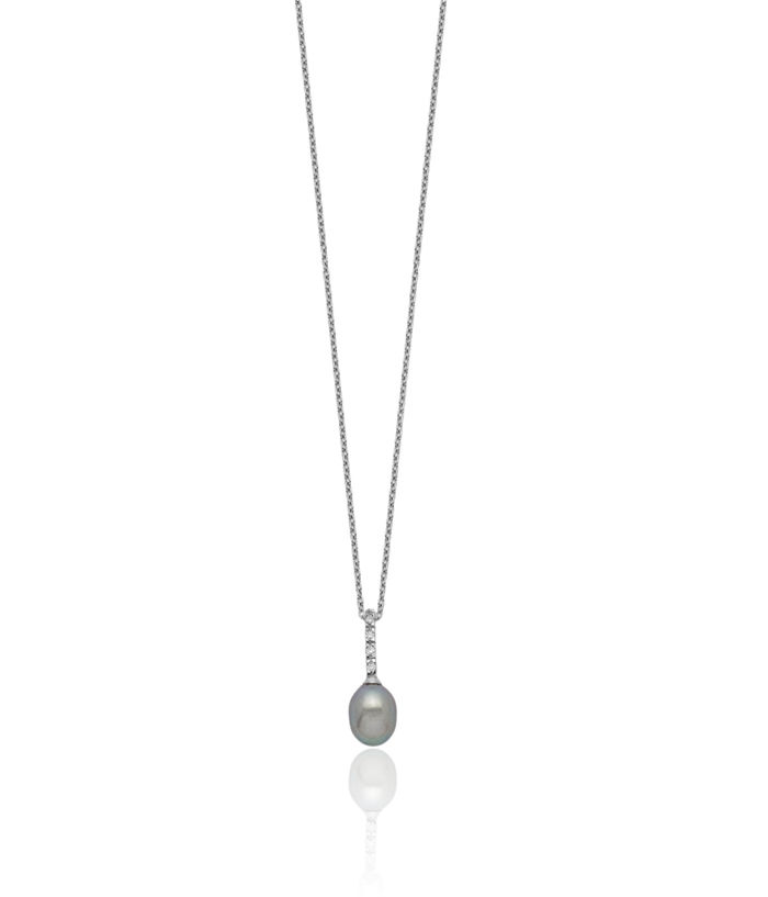 925 Sterling Silver 7mm Grey Teardrop Freshwater Cultured Pearl Cubic Zirconia CZ Necklace Chain