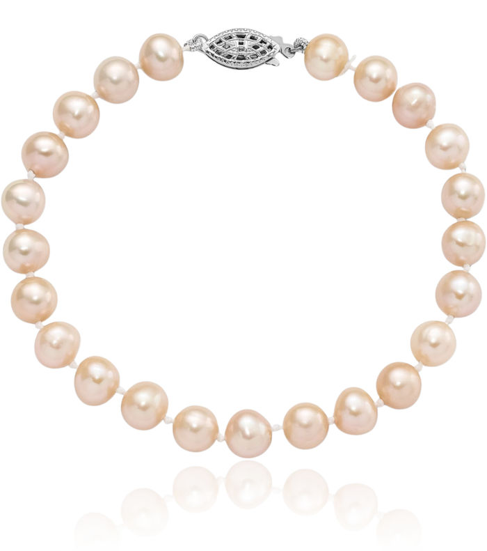 925 Sterling Silver 7mm Pink Near Round Freshwater Cultured Pearl Chain Bracelet