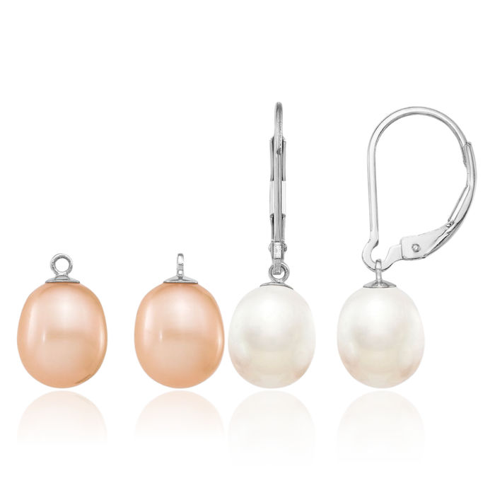 925 Sterling Silver 7mm Pink White Rice Freshwater Cultured Pearl Set