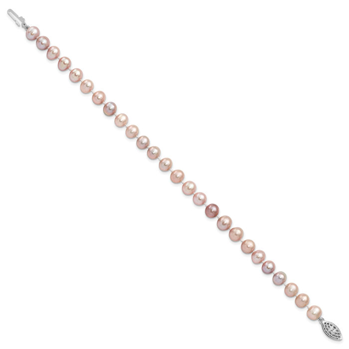 925 Sterling Silver 6mm Purple Near Round Freshwater Cultured Pearl Chain Bracelet