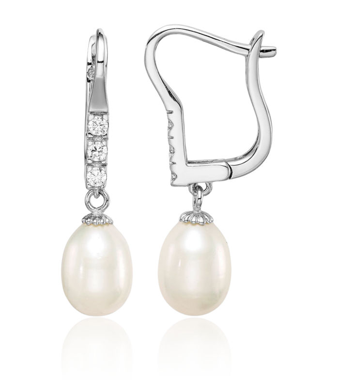 925 Sterling Silver 7mm Rice Freshwater Cultured Pearl Cubic Zirconia CZ Drop Dangle Earrings