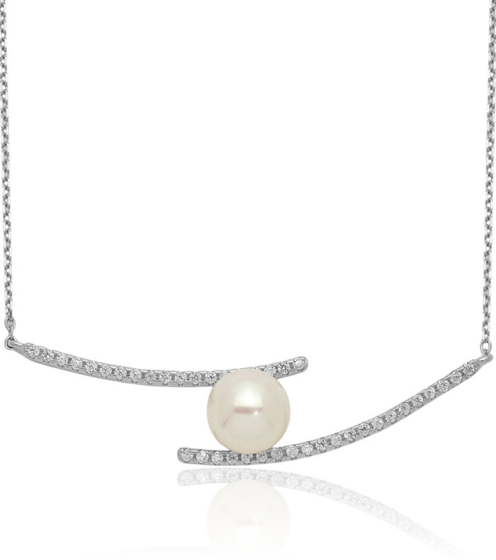 925 Sterling Silver 7mm White Button Freshwater Cultured Pearl Cubic Zirconia CZ Chain Bar Necklace