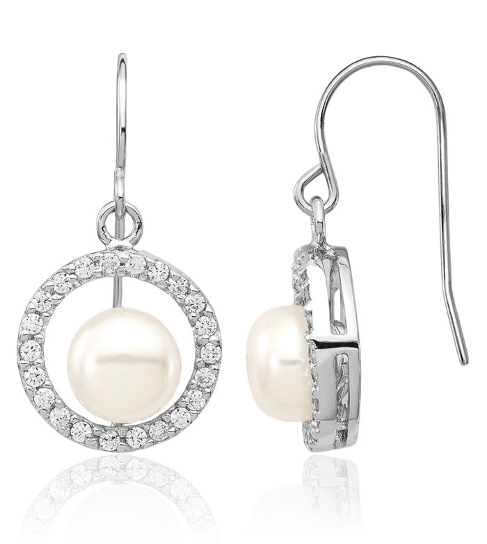 925 Sterling Silver 7mm White Button Freshwater Cultured Pearl Cubic Zirconia CZ Drop Dangle Earrings