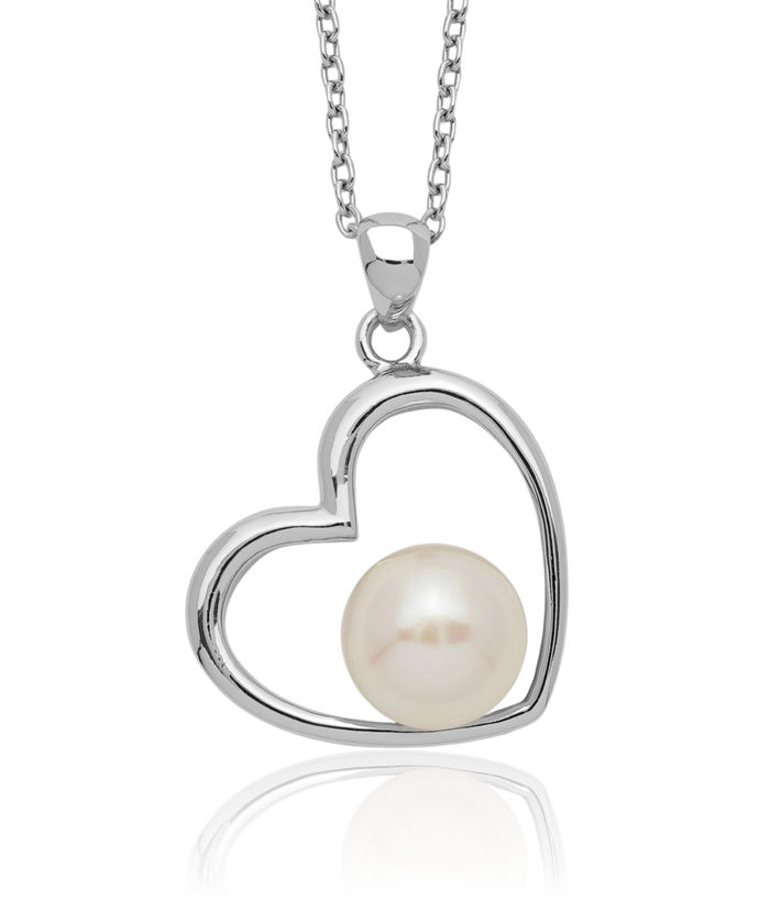 925 Sterling Silver 7mm White Button Freshwater Cultured Pearl Heart Necklace Love Pendant Friendship Charm Chain