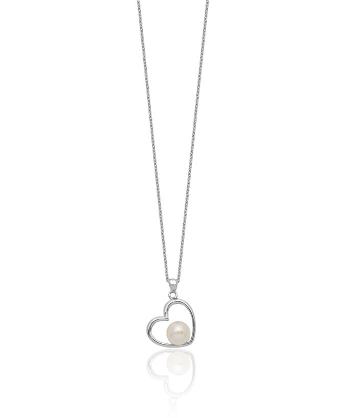 925 Sterling Silver 7mm White Button Freshwater Cultured Pearl Heart Necklace Love Pendant Friendship Charm Chain