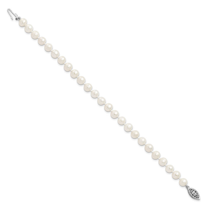 925 Sterling Silver 6mm White Near Round Freshwater Cultured Pearl Chain Bracelet