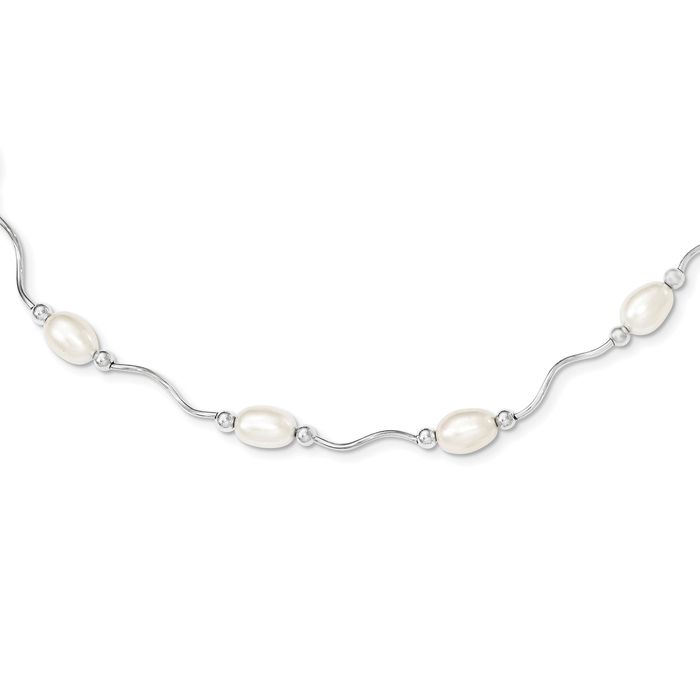 925 Sterling Silver 6mm White Rice Freshwater Cultured Pearl 16 Station Necklace Chain