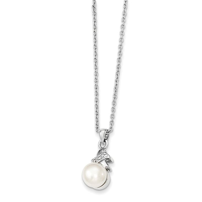 925 Sterling Silver 6mm White Button Freshwater Cultured Pearl Cubic Zirconia CZ Necklace Chain