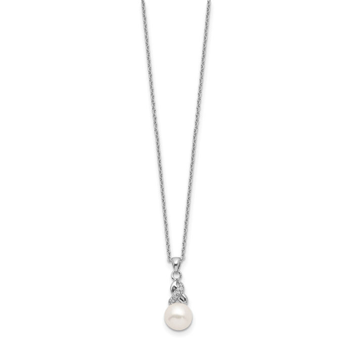 925 Sterling Silver 6mm White Near Round Freshwater Cultured Pearl Cubic Zirconia CZ Necklace Chain