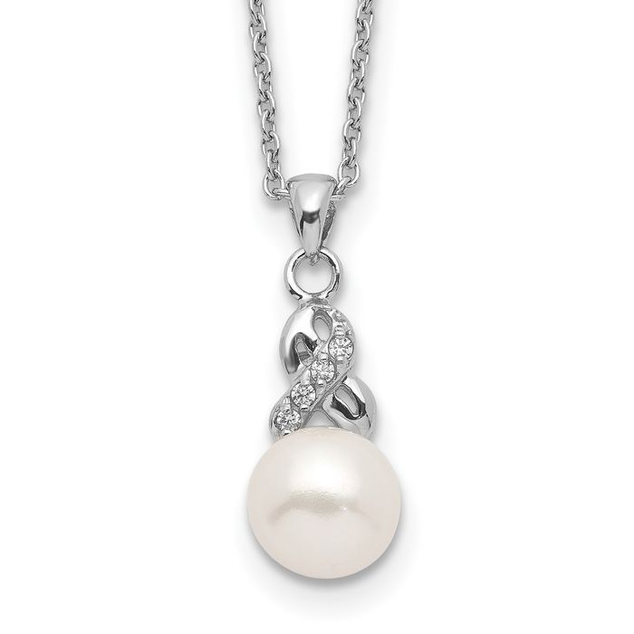 925 Sterling Silver 6mm White Near Round Freshwater Cultured Pearl Cubic Zirconia CZ Necklace Chain