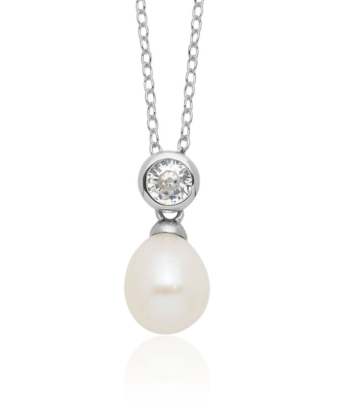 925 Sterling Silver 7mm White Rice Freshwater Cultured Pearl Cubic Zirconia CZ Necklace Chain