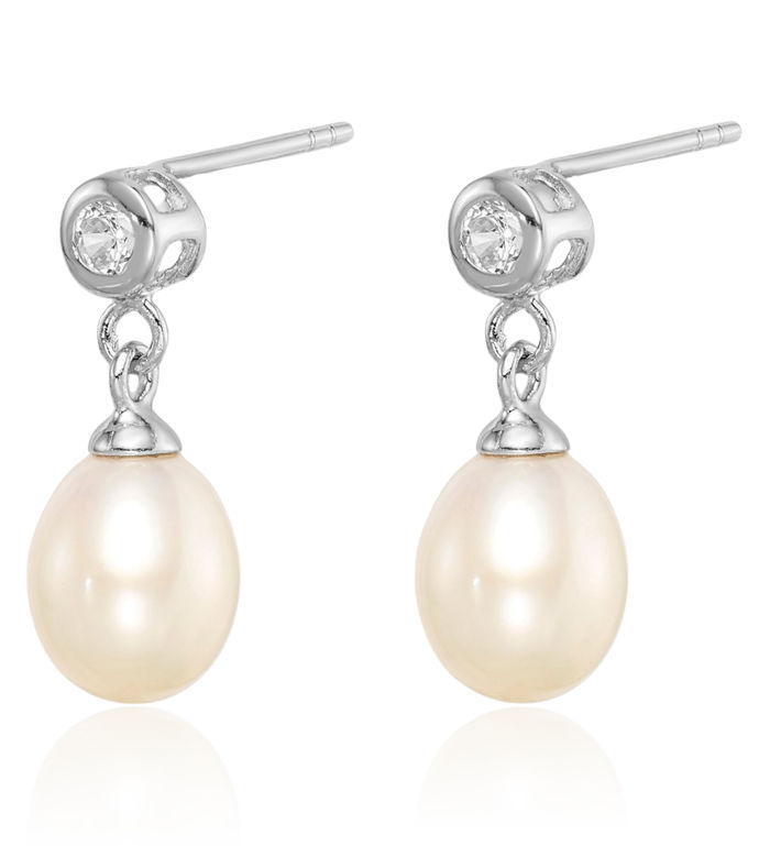 925 Sterling Silver 7mm White Rice Freshwater Cultured Pearl Cubic Zirconia CZ Post Drop Dangle Earrings