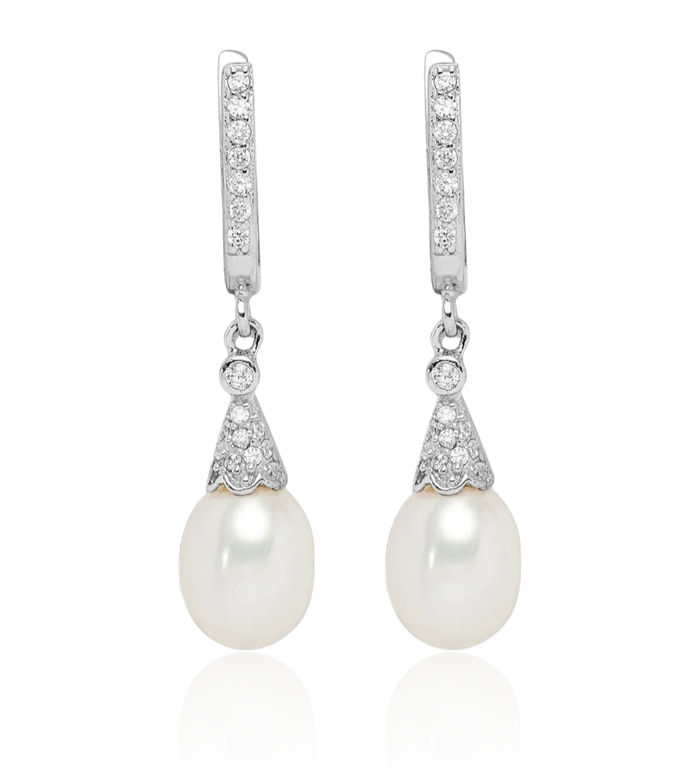 925 Sterling Silver 7mm White Rice Freshwater Cultured Pearl Cubic Zirconia CZ Drop Dangle Earrings