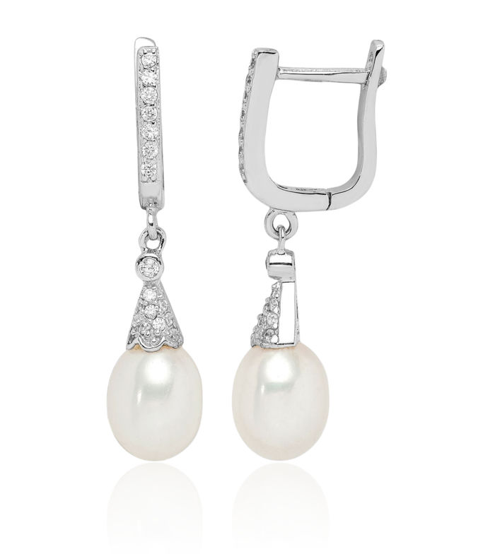 925 Sterling Silver 7mm White Rice Freshwater Cultured Pearl Cubic Zirconia CZ Drop Dangle Earrings