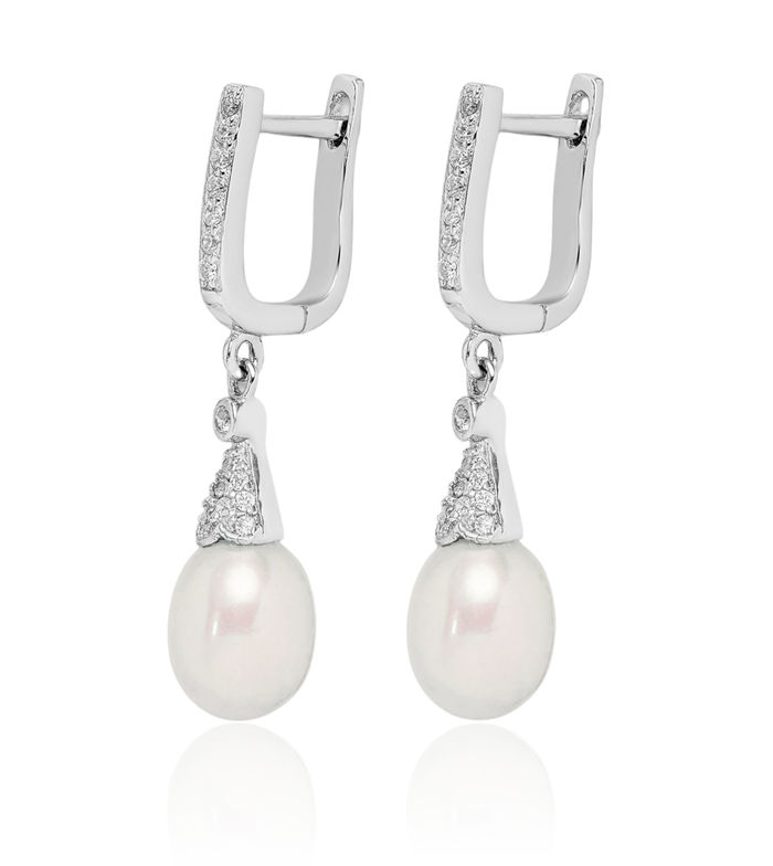 925 Sterling Silver 7mm White Rice Freshwater Cultured Pearl Cubic Zirconia CZ Drop Dangle Earrings