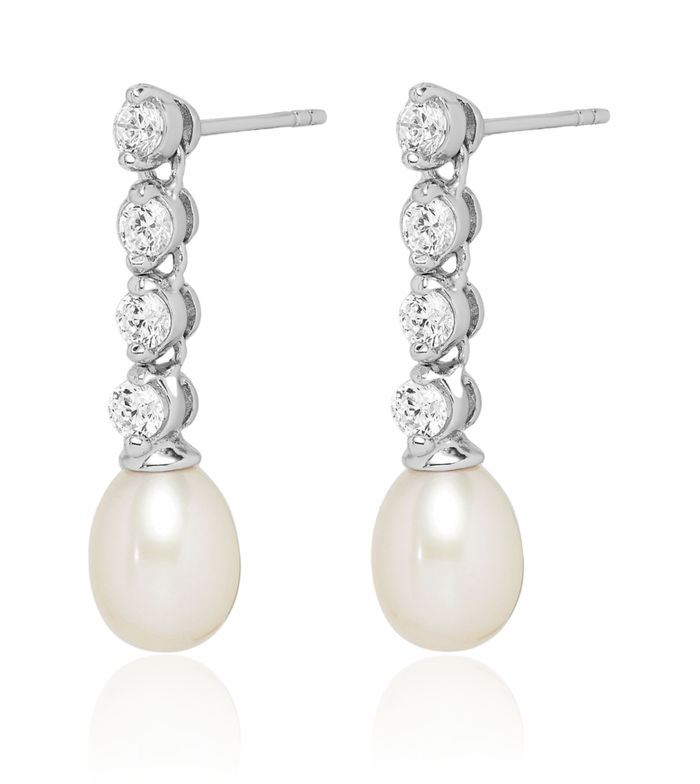 925 Sterling Silver 7mm White Rice Freshwater Cultured Pearl Cubic Zirconia CZ Post Drop Dangle Earrings