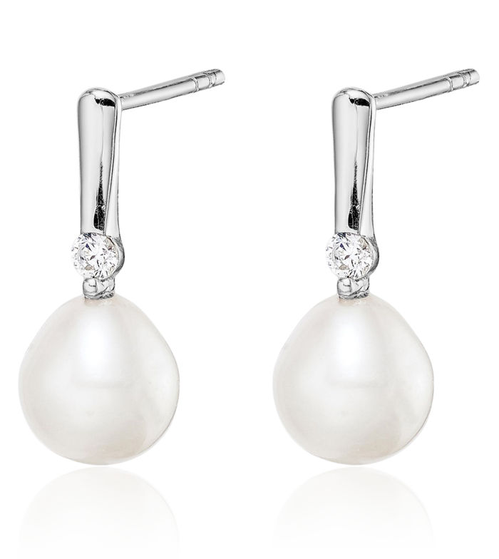 925 Sterling Silver 7mm White Rice Freshwater Cultured Pearl Cubic Zirconia CZ Post Drop Dangle Earrings