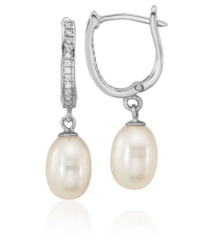 925 Sterling Silver 7mm White Rice Freshwater Cultured Pearl Cubic Zirconia CZ Medium Hoop Drop Dangle Earrings