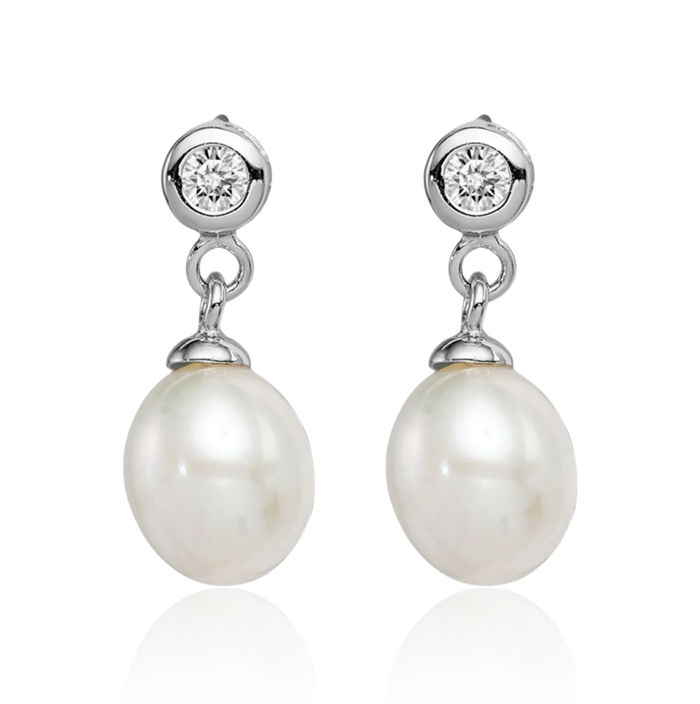 925 Sterling Silver 7mm White Rice Freshwater Cultured Pearl Cubic Zirconia CZ Post Drop Dangle Earrings