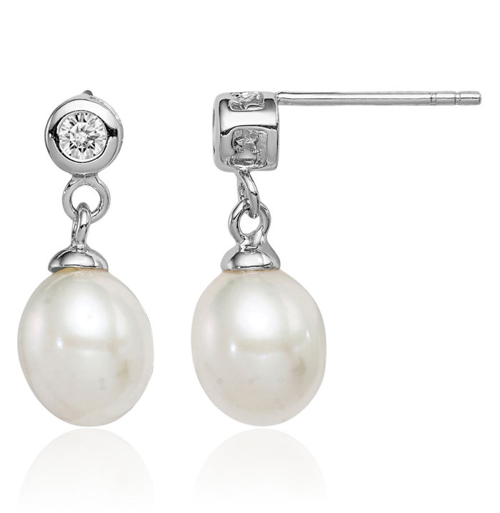 925 Sterling Silver 7mm White Rice Freshwater Cultured Pearl Cubic Zirconia CZ Post Drop Dangle Earrings