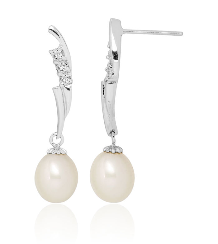 925 Sterling Silver 7mm White Rice Freshwater Cultured Pearl Cubic Zirconia CZ Post Drop Dangle Earrings