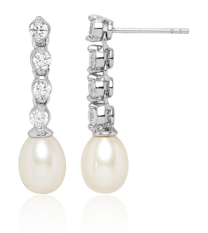 925 Sterling Silver 7mm White Rice Freshwater Cultured Pearl Cubic Zirconia CZ Post Drop Dangle Earrings