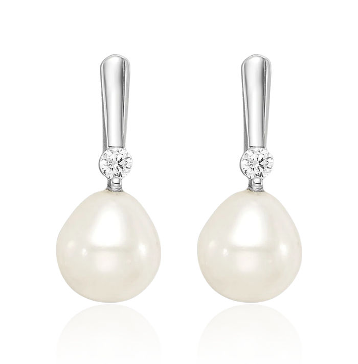 925 Sterling Silver 7mm White Rice Freshwater Cultured Pearl Cubic Zirconia CZ Post Drop Dangle Earrings