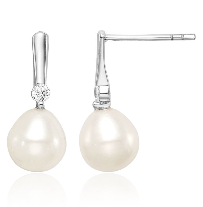 925 Sterling Silver 7mm White Rice Freshwater Cultured Pearl Cubic Zirconia CZ Post Drop Dangle Earrings