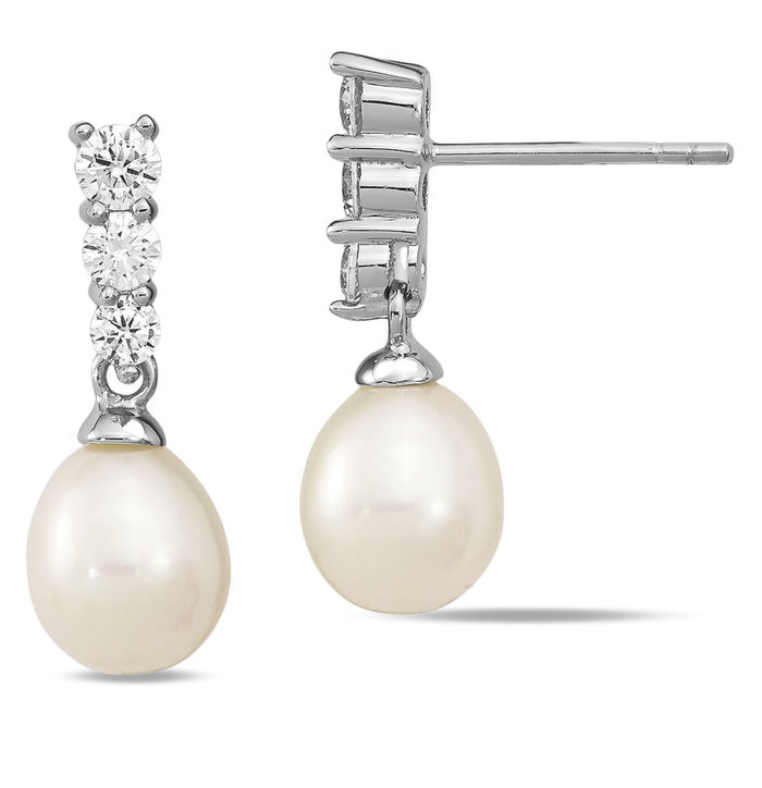 925 Sterling Silver 7mm White Rice Freshwater Cultured Pearl Cubic Zirconia CZ Post Line Bar Drop Dangle Earrings