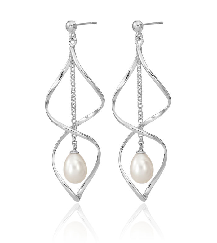 925 Sterling Silver 7mm White Rice Freshwater Cultured Pearl Post Drop Dangle Earrings