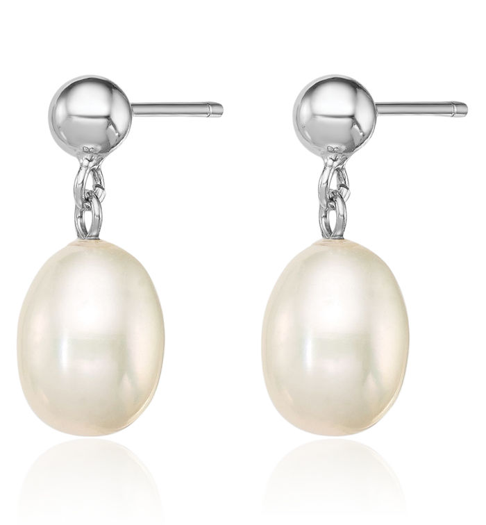 925 Sterling Silver 7mm White Rice Freshwater Cultured Pearl Post Drop Dangle Earrings