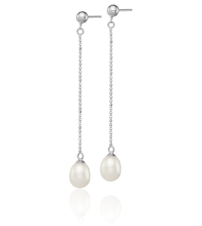 925 Sterling Silver 7mm White Rice Freshwater Cultured Pearl Post Drop Dangle Earrings