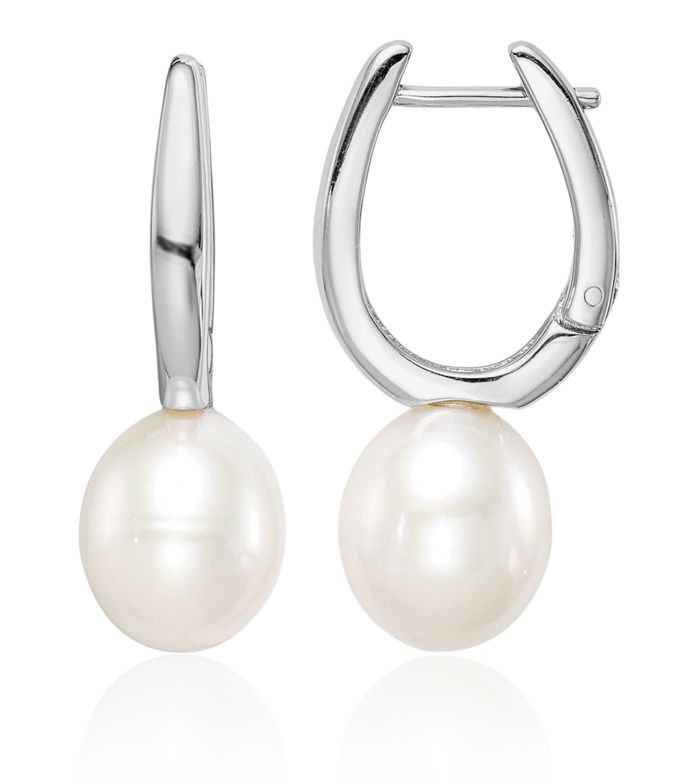 925 Sterling Silver 7mm White Rice Freshwater Cultured Pearl Medium Hoop Drop Dangle Earrings